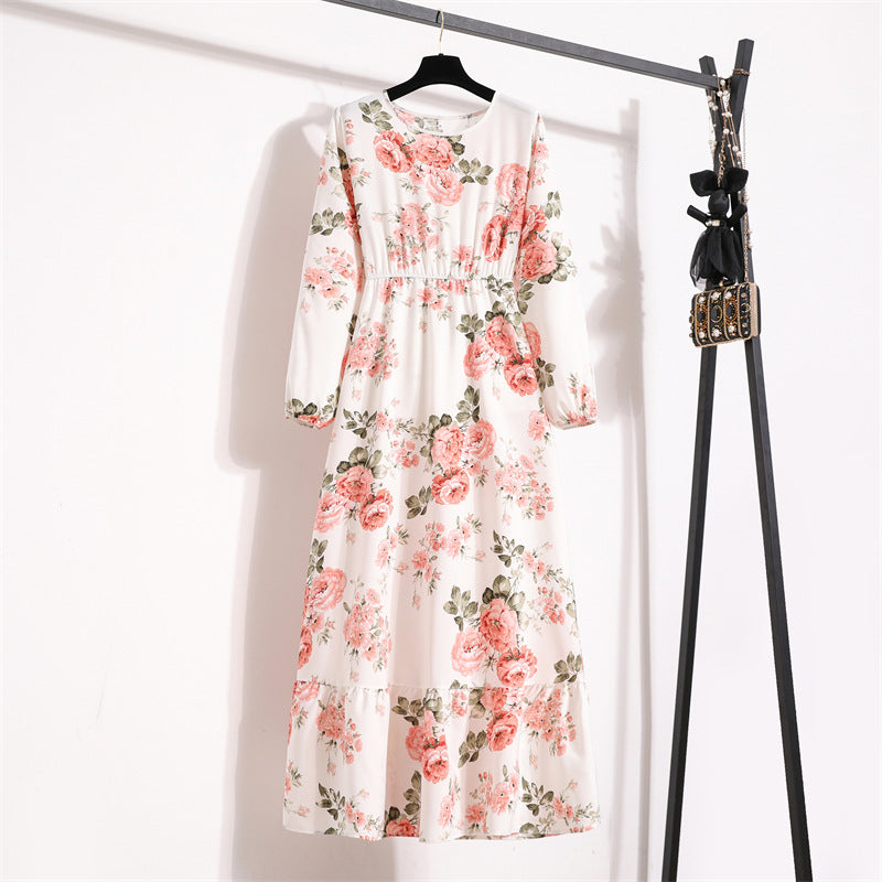 Women's Round Neck Long Sleeve Pullover Floral Dress