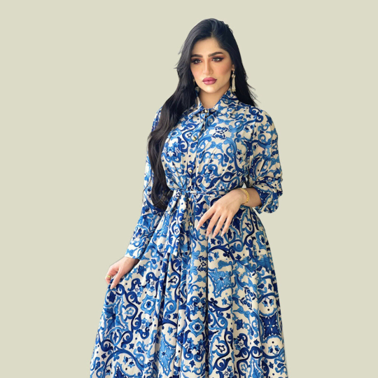 Women's Arabian Blue Printed Long Sleeve Dress