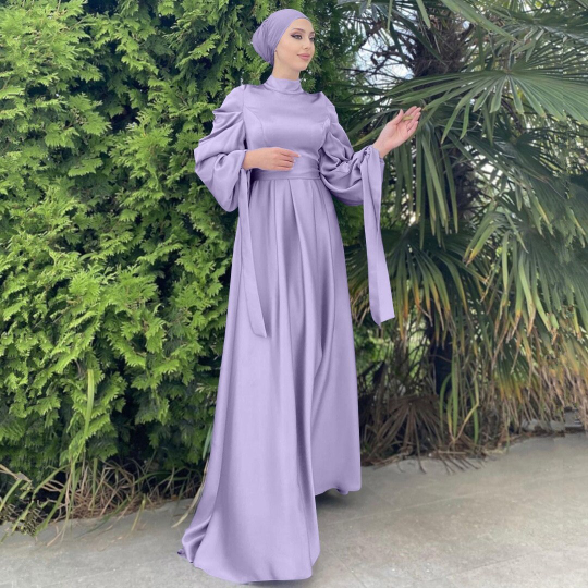 Muslim Fashion Women Islamic Satin Dress Hijab Arabic Pleated Abaya Dubai Balloon Sleeve with Ribbon